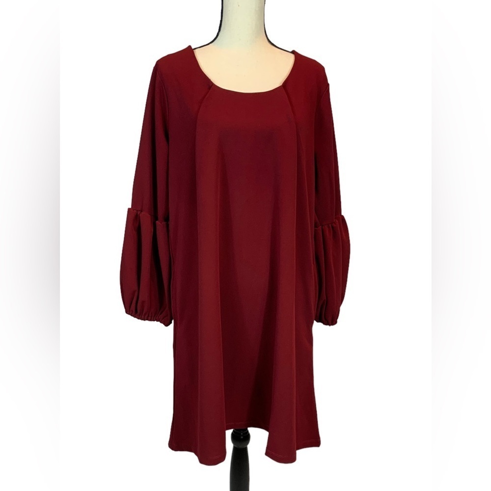 Standards Practice Stella Brick Red Crepe Knit 3/4 Balloon Sleeve Midi Dress- 1X